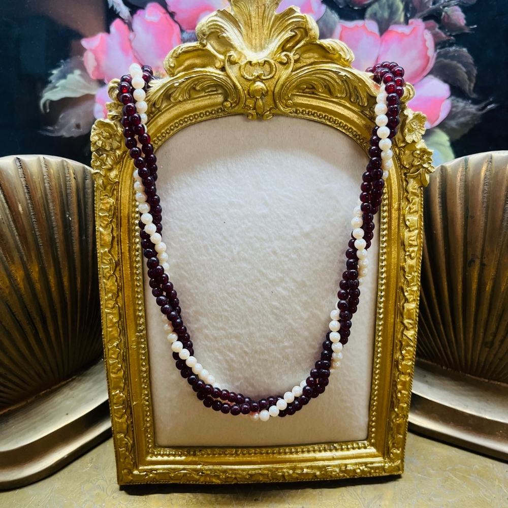 Vintage Beaded Necklace Braided Wrap Red and White Retro Cottagecore‎